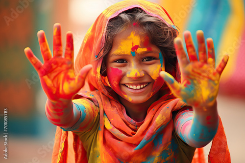 Happy Child with colorful paint on face in a Holi festival