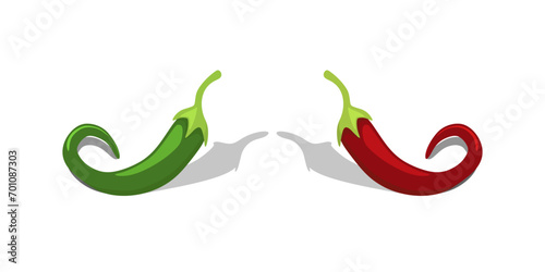 Image of red chilies and green chilies isolated on white. Flat vector design.