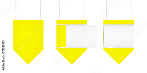 Hanging supermarket promotion banner display board. Vector mock-up. Ceiling blank sign holder for retail store mockup. Template for design