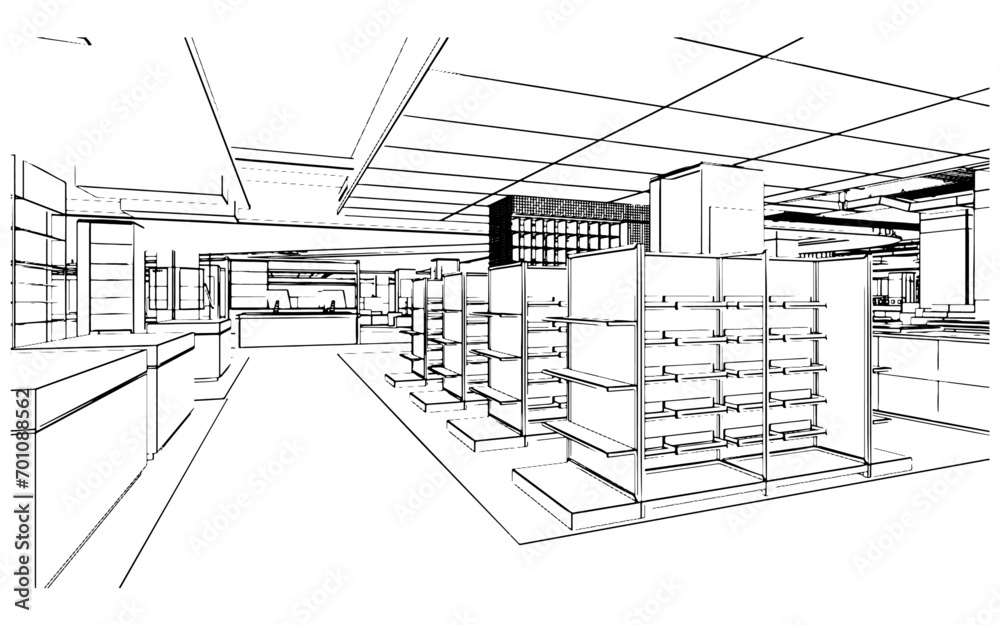 line drawing of a shop selling product for a department store,3d rendering