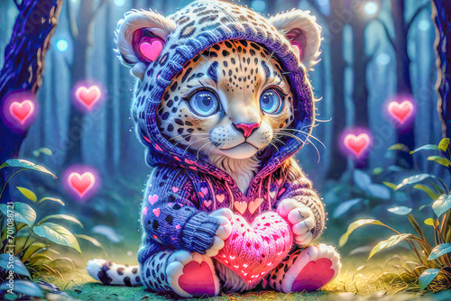 a cute, realistic jaguar sits in a clearing of a magical forest, and holds a heart in its paws on valentine's day, animal concept, generative ai