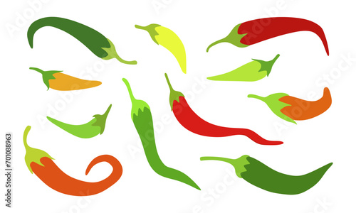 Collection of assorted chili peppers isolated on white. Flat vector design.