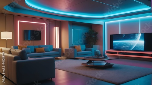 interior of a room with neon 