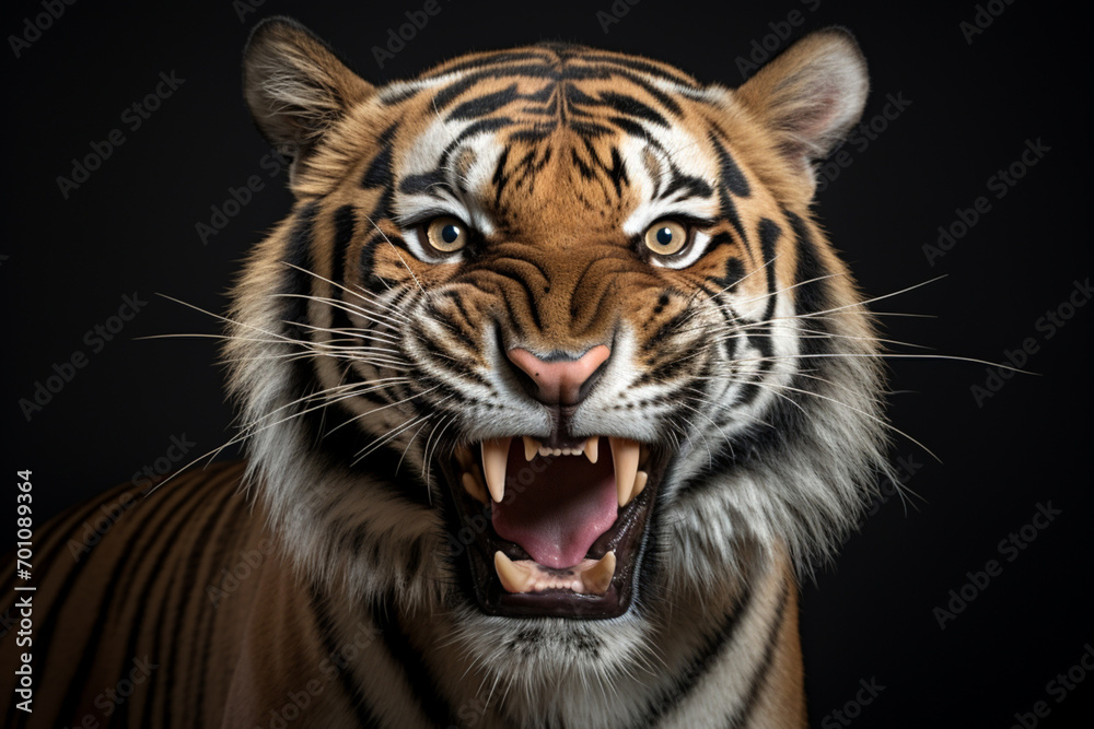 Fototapeta premium Siberian Tiger roaring close-up portrait on a black background.