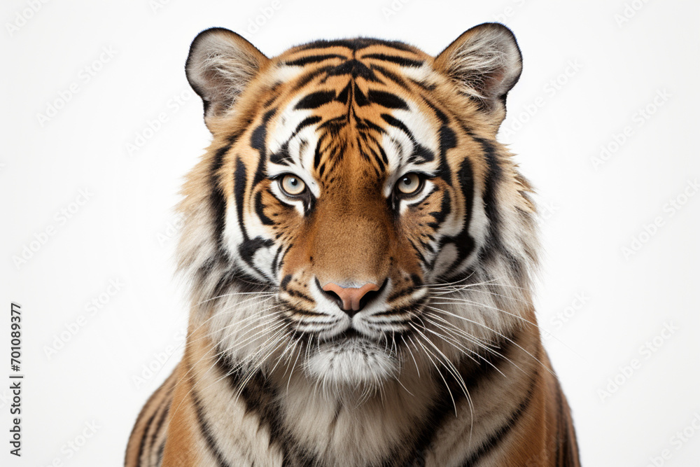 Fototapeta premium Siberian Tiger close-up portrait on a white background.