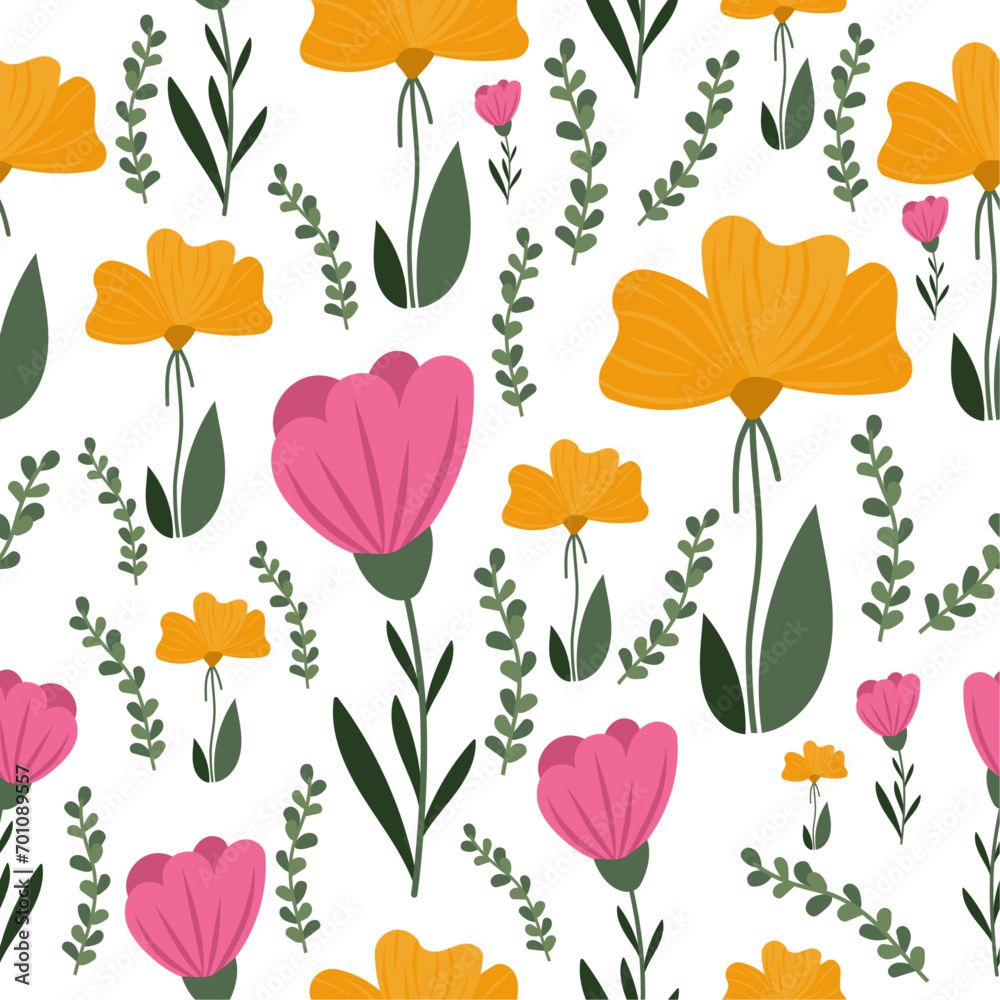 Seamless yellow pink flowers pattern on isolated background. Botanical vector. For packaging paper, textiles. Seamless yellow pink flowers pattern on isolated background. Botanical vector. For packaging paper, textiles.