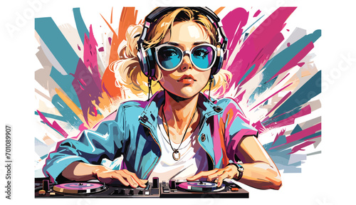 cool female DJ with sunglasses, disc jockey on turntables