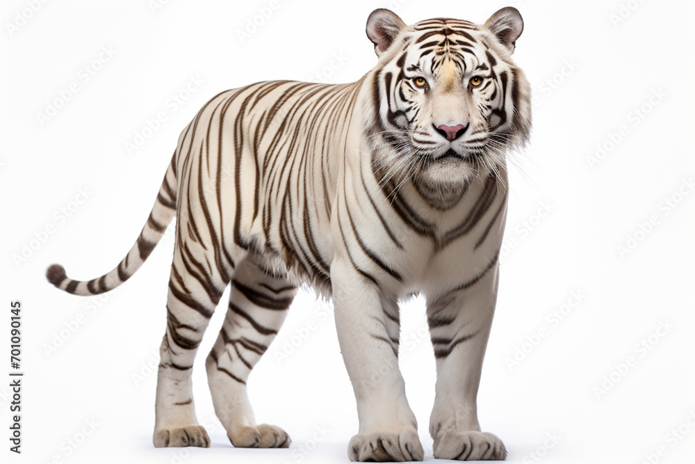 Obraz premium White Tiger standing on a white background. Animal right-side portrait.