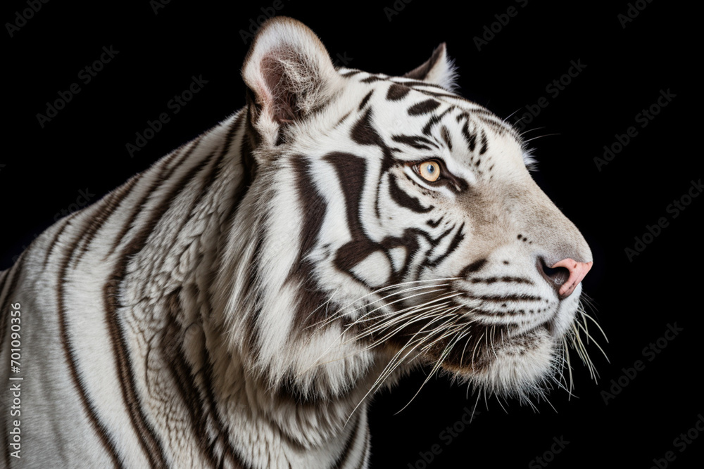 Fototapeta premium White Tiger close-up portrait on a black background.