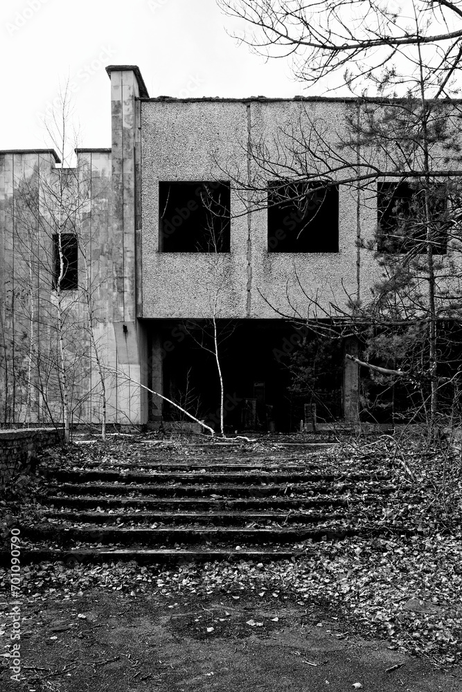 Obraz premium An abandoned structure with mossy stairs and bare trees around it.