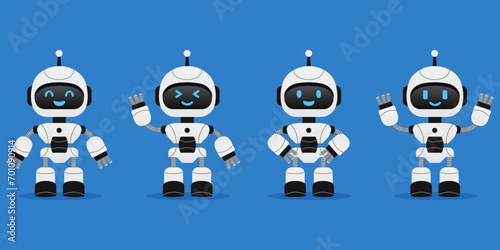 Robot, chat bot neural network, AI servers and robots technology. Set of cute robot ai character.