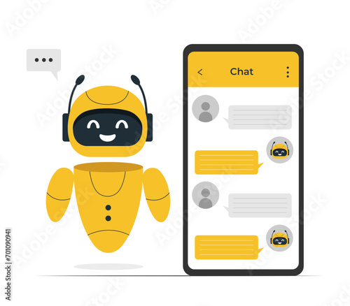 Chatbot neural network, AI servers and robots technology. Cute chatbot ai character.