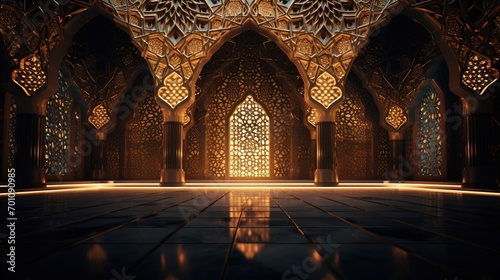 Interior of Mosque, Concept of Ramadan Kareem, Islamic Background, Generative Ai