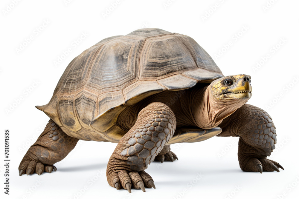 Obraz premium Tortoise standing on a white background. Animal right-side portrait.