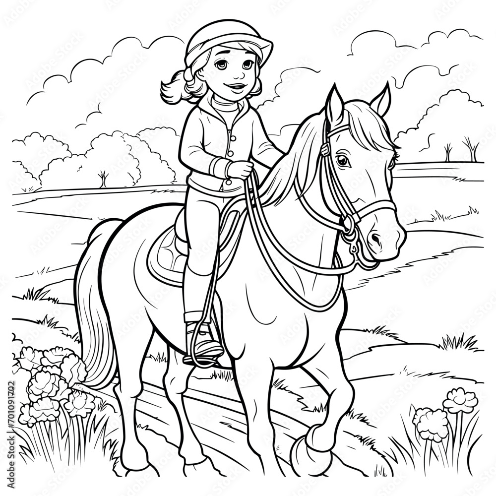 Girl riding a horse illustration coloring page - coloring book