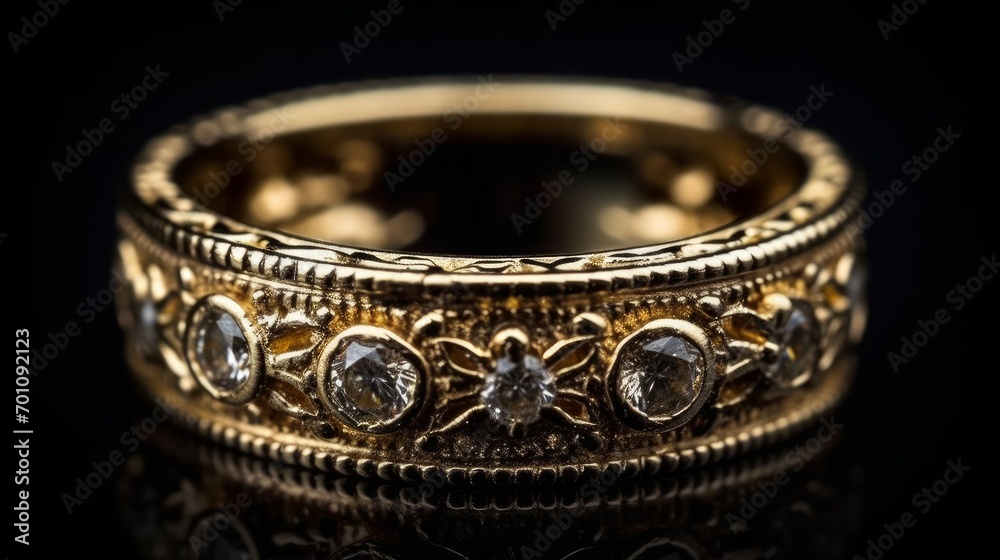 ring with diamonds on a black background close-up Selective focus ring with diamonds on a black background close-up Selective focus