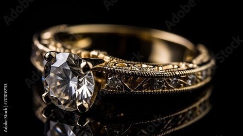 Selective focus Jewelry ring with diamonds on a black background. Selective focus.