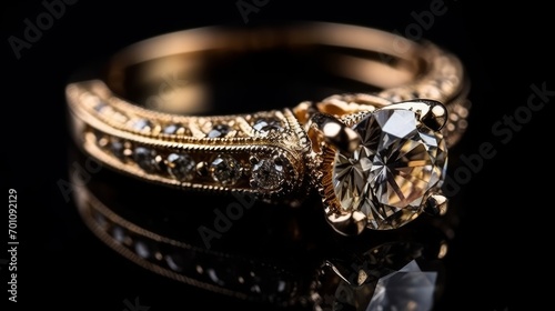 Jewelry ring with diamonds on a black background close-up Selective focus
