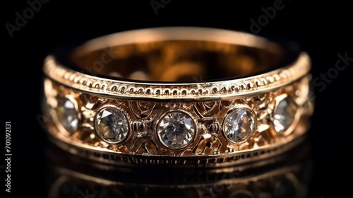 Wedding gold ring with diamonds on a black background close up Selective focus