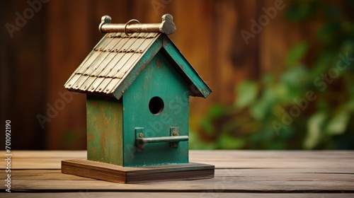 Beautiful bird house on the wooden table in front of a blurred background © Ali