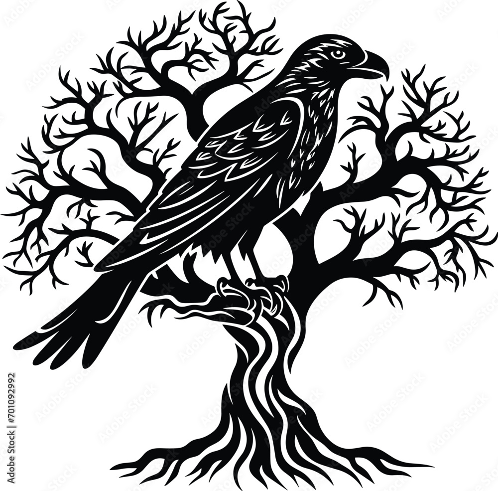 Odin's Celtic Raven on a tree black and white vector illustration