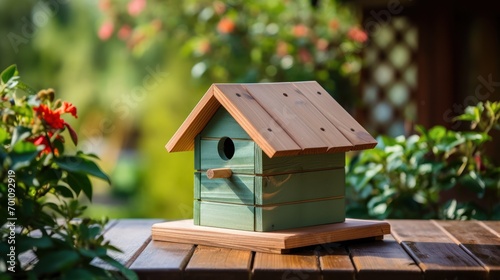 Wooden birdhouse on a table in a garden