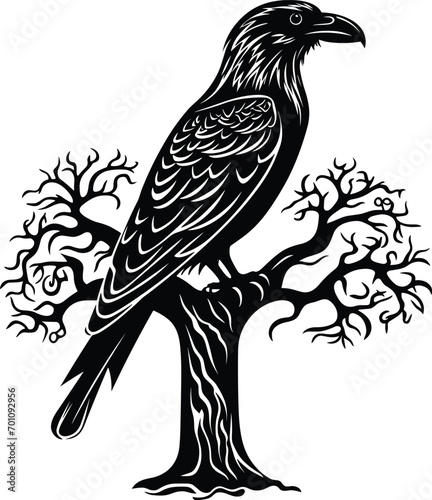 Odin's Celtic Raven on a tree black and white vector illustration
