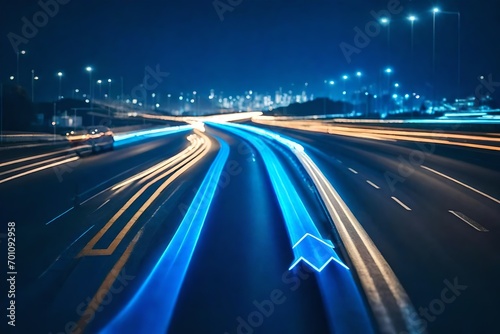 Blue background with traffic arrow. Traffic arrow on background of night road. Background on theme of traffic management. Distribution of transport flows. Blue pattern with blurred night city 3d image