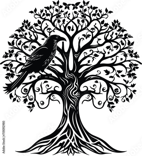 Odin's Celtic Raven on a tree black and white vector illustration