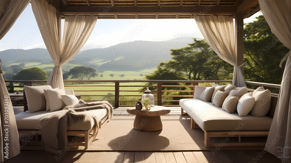 Serene veranda retreat with a rattan daybed, flowing curtains, and a view of a peaceful countryside landscape