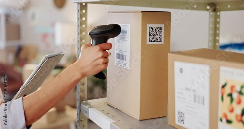 Hand, scanner and box with barcode in warehouse with tablet, inventory app or check stock on shelf. Workshop person, cardboard package and QR code with touchscreen for shipping, supply chain and info photo