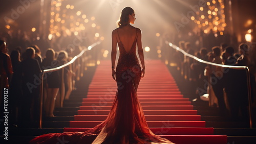 A young lady walked down the red carpet in a gorgeous gown with Generative AI photo
