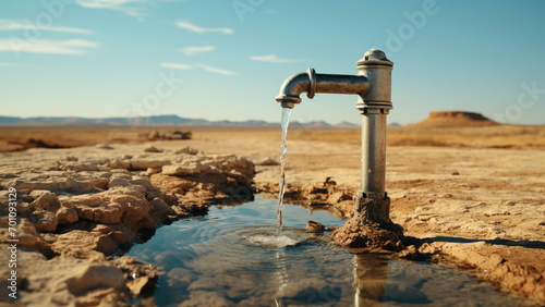 Close up photo of Water tap on the desert with Generative AI photo