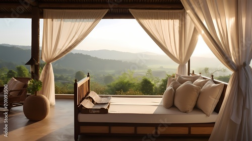 Serene veranda retreat with a rattan daybed, flowing curtains, and a view of a peaceful countryside landscape