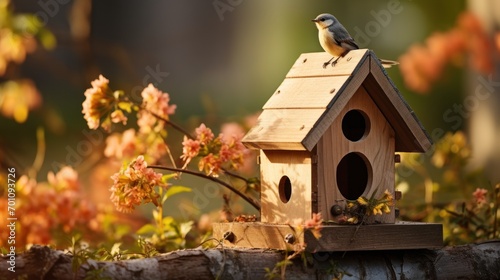 A robin perched on a wooden birdhouse