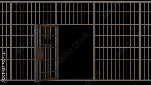 Prison Cell Door Opening and Closing Animation.  3D Prison cells, Iron jail cage. Crime, punishment and amnesty concept. photo