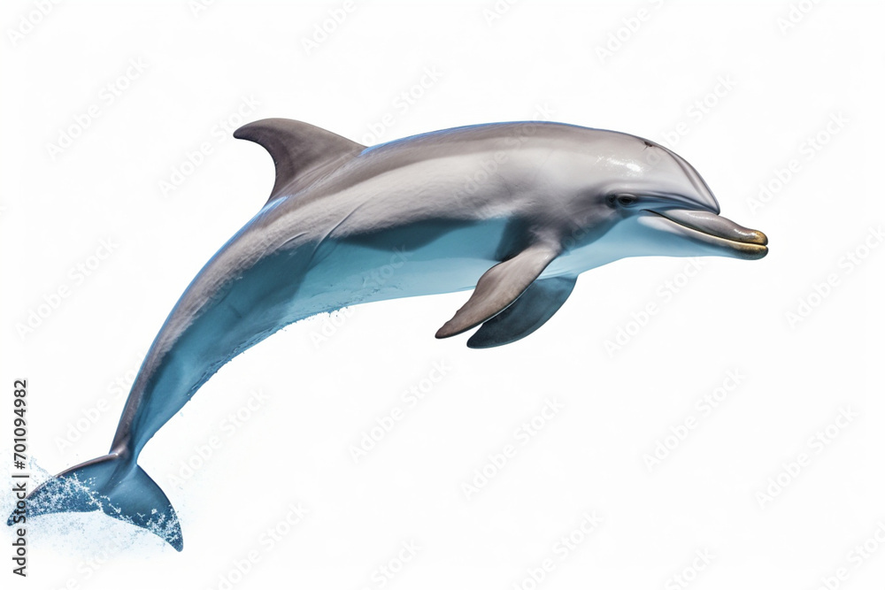 Fototapeta premium Dolphin breaching out of the water isolated in a white background, side portrait