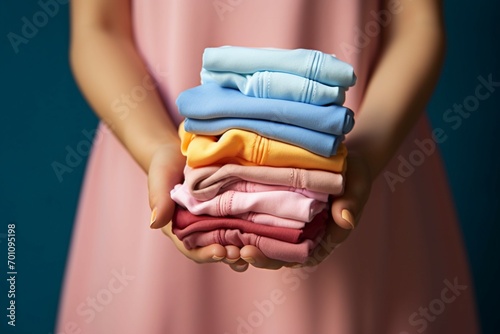 Baby laundry joy Hand holds stack of laundered newborn clothes. photo
