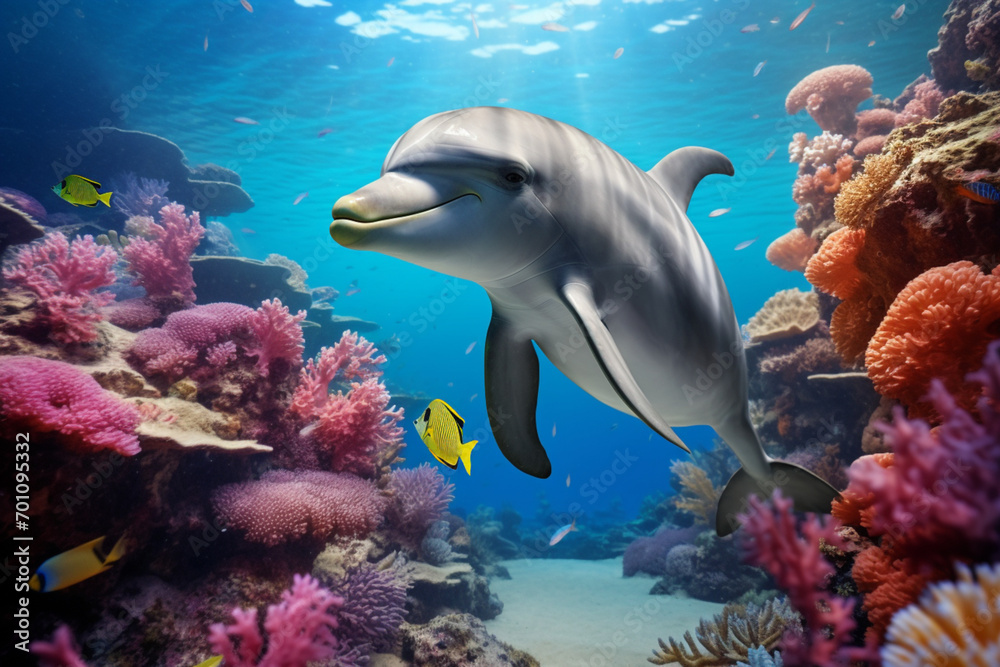 Obraz premium Dolphin swimming underwater in a colorful marine environment. Animal side portrait.