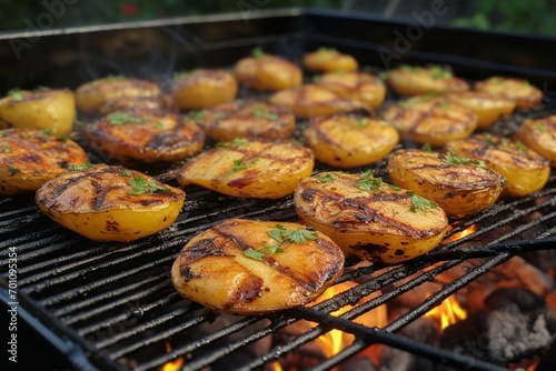 Culinary symphony Whole potatoes grilled with bacon bits, barbecue excellence.