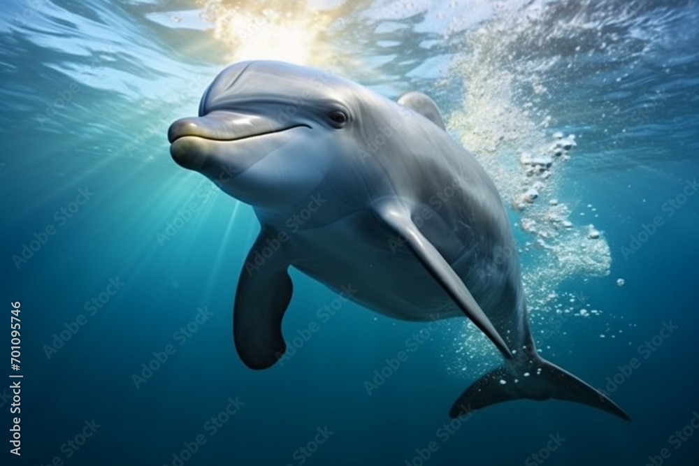 Fototapeta premium Dolphin swimming underwater. Animal front portrait.