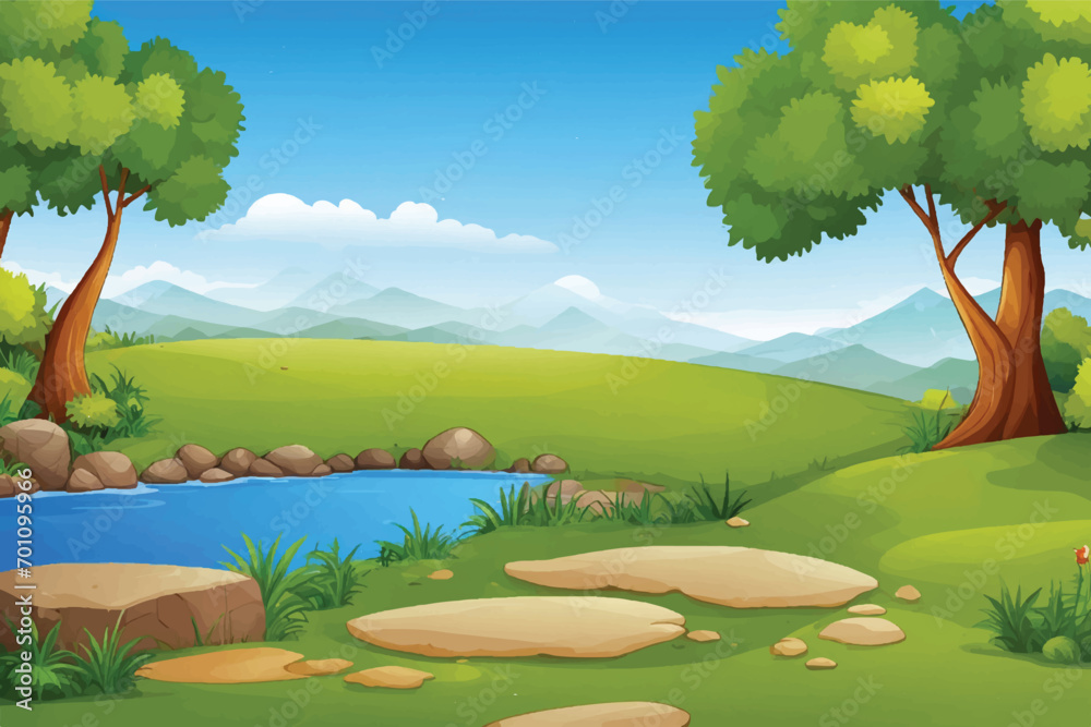 vector forest scene with a hiking track and many trees, vector forest scene with various forest trees