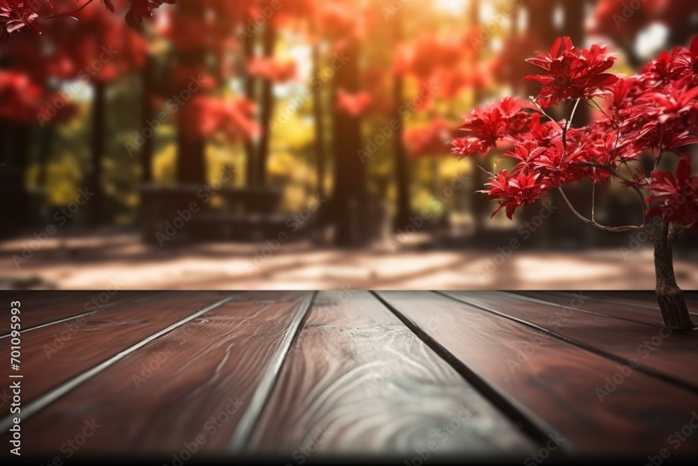 Red wood elegance Wooden floor with blurred tree background, copy space.