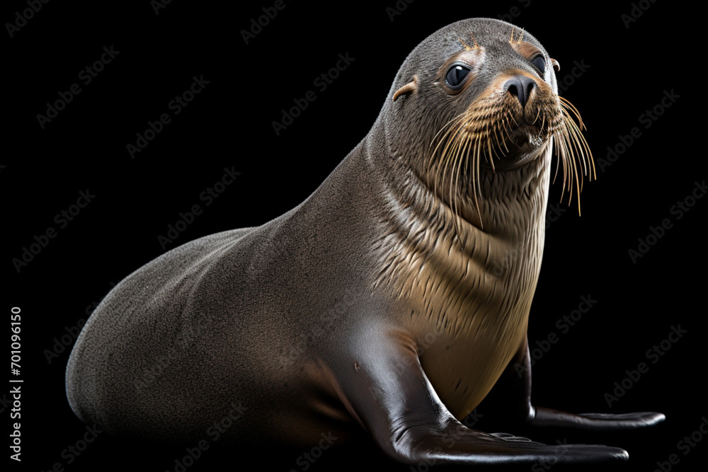 Fototapeta premium Fur Seal isolated on a black background. Animal side portrait.