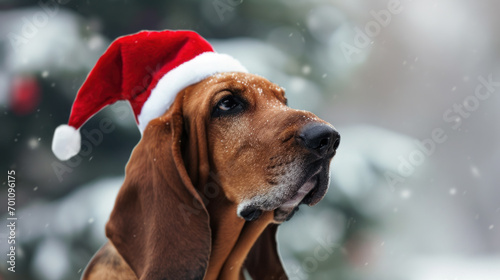 Festive Hound: Bloodhound in a Santa Hat. Generative AI photo