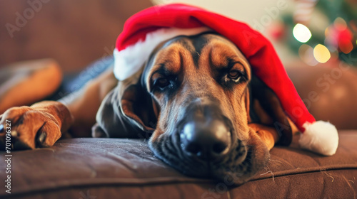Festive Hound: Bloodhound in a Santa Hat. Generative AI photo
