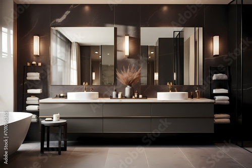 Sleek modern classic minimalist bathroom with a double vanity, integrated storage, and a sophisticated color palette