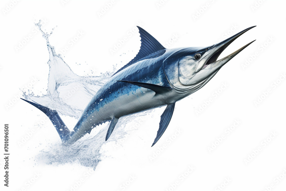 Fototapeta premium Marlin leaping out of the water isolated on a white background. Animal side portrait.
