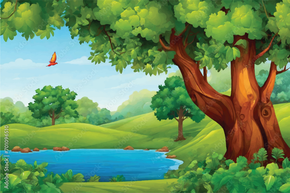 vector forest scene with a hiking track and many trees, vector forest ...