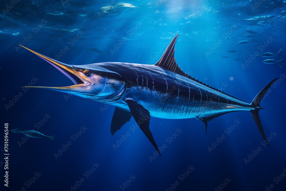Obraz premium Marlin swimming underwater. Animal side portrait.
